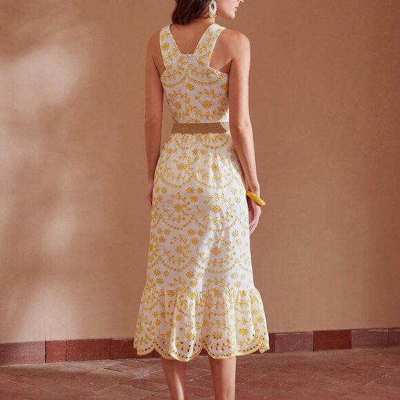 YELLOW WOMEN'S SCALLOP RUFFLE HEM HALTER NECK EMBROIDERY SCHIFFY DRESS - Picture 3 of 8